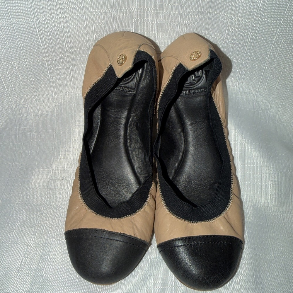 Tory Burch Minnie Cap Toe Ballet Flats Nude Black Leather Sole 8 M Travel Fold